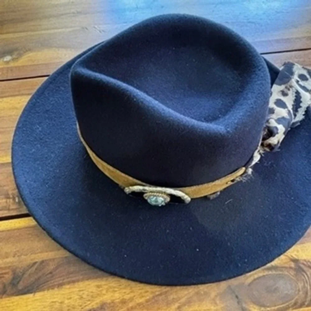 Wyeth Navy Wool Rancher Fedora Hat Concho Leopard Band‎ Boho Western
